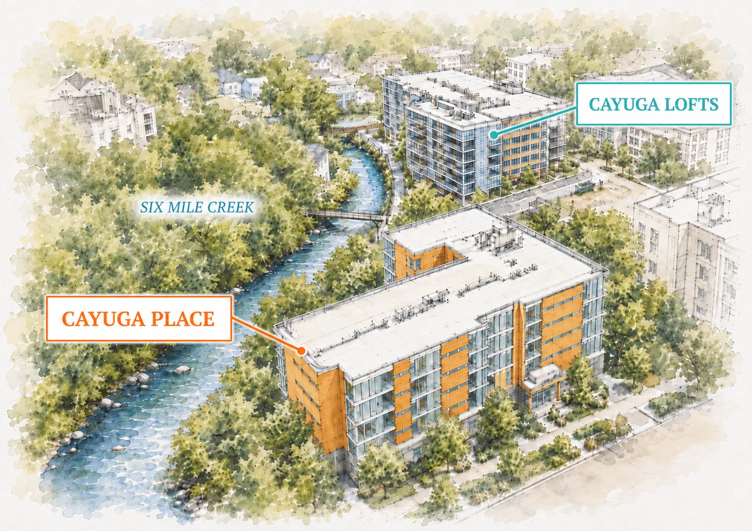 Aerial illustration of Cayuga Place and Cayuga Lofts beside Six Mile Creek